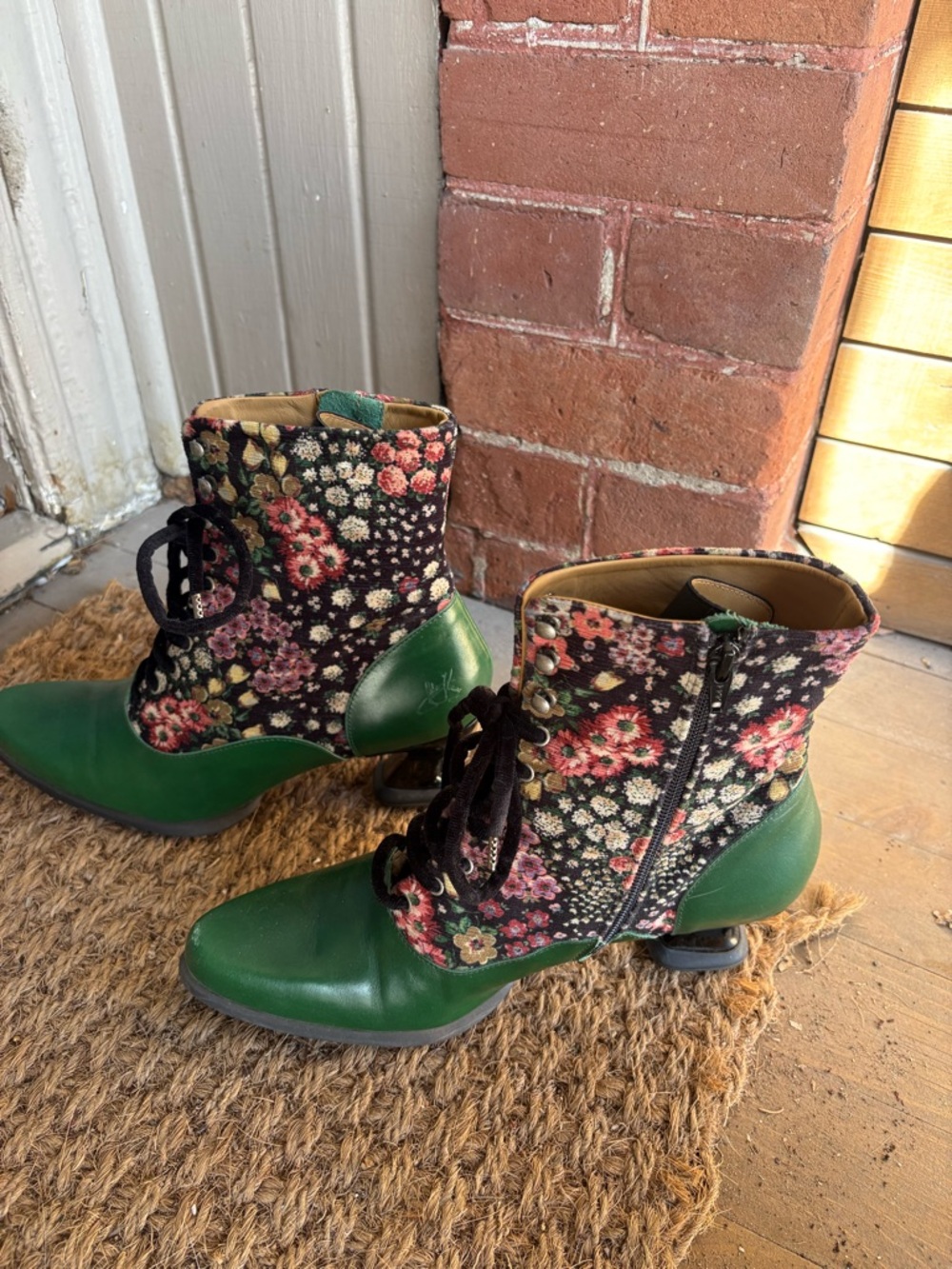 John Fluevog Amrita Lace-Up Mid-Calf Boots in Green and Floral - Picture 4 of 11